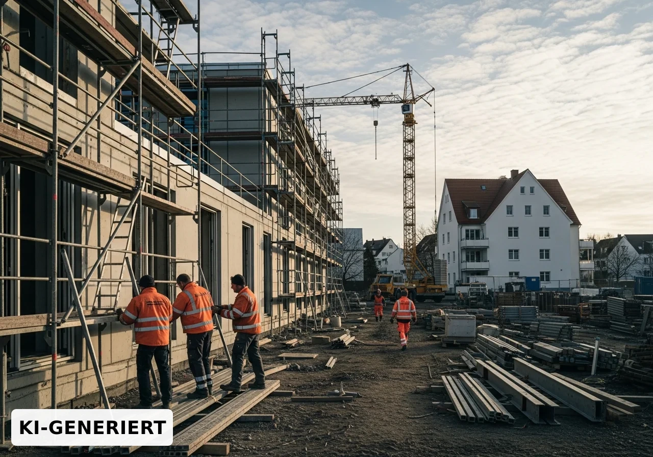 Gerüstbauer in orangen Warnschutzjacken montieren ein Fassadengerüst an einem Wohngebäude in Sachsen.